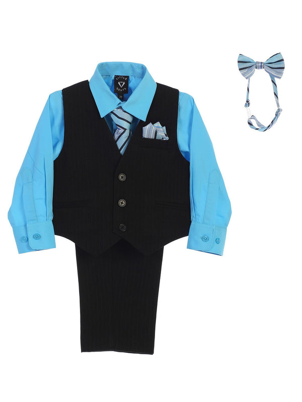 Lito Baby Boys Aqua Shirt Zipper Tie Bow Tie Pinstripe Vest Pant Set 6-24M - SophiasStyle.com